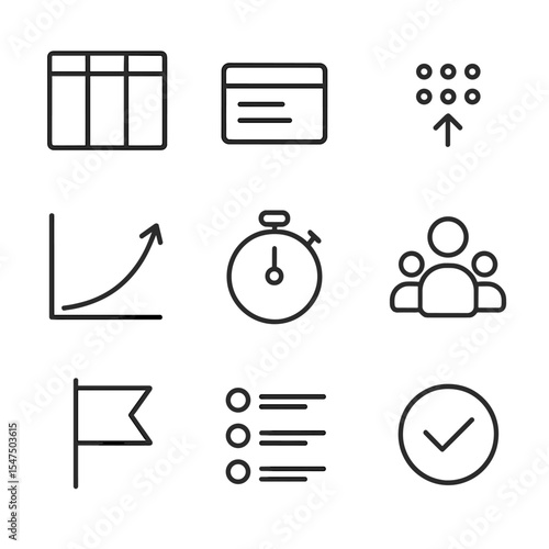 Agile Sprint Icons. Outline icon set of agile sprint planning: sprint board, task card, drag handle, velocity chart, timer, team