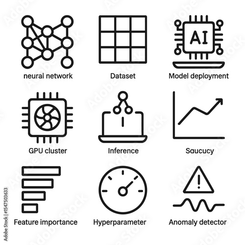 AI Applications Icon Set. Outline icon set of AI and machine learning applications: neural network, training dataset, model