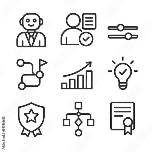Adaptive Learning Icons. Outline icon set of adaptive learning systems: AI tutor, personalized lesson, difficulty slider, learning