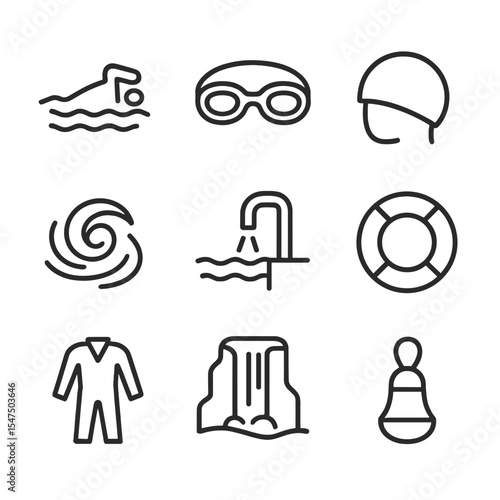 Canyon Swimming Icons. Outline icon set of canyon swimming sections: swimmer silhouette, goggles, swim cap, water swirl, pool