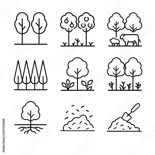 Agroforestry Outline Icons. Outline icon set of agroforestry integration: tree alley, fruit orchard, silvopasture herd, nut grove,