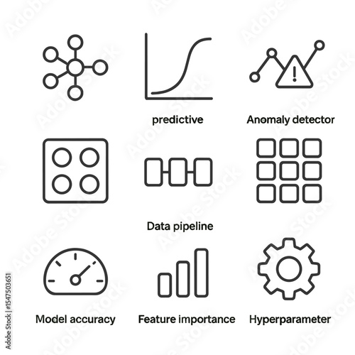 AI Fitness Icons. Outline icon set of AI and ML fitness algorithms: neural network node, predictive curve, anomaly detector,