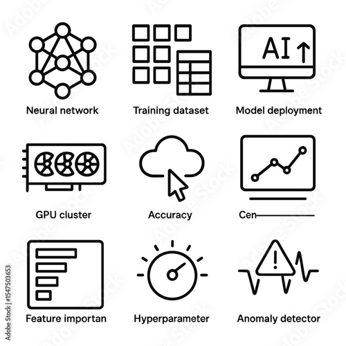 AI Applications Icon Set. Outline icon set of AI and machine learning applications: neural network, training dataset, model