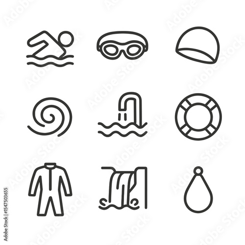 Canyon Swimming Icons. Outline icon set of canyon swimming sections: swimmer silhouette, goggles, swim cap, water swirl, pool