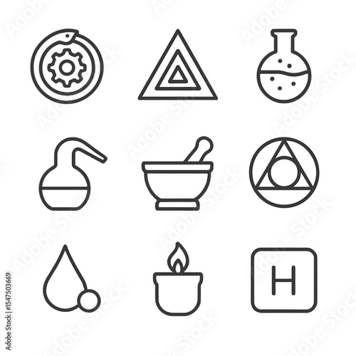 Alchemical Icon Set. Outline icon set of alchemical symbols: ouroboros gear, philosopher’s stone, distillation flask, alembic pot,