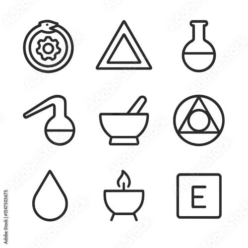Alchemical Icon Set. Outline icon set of alchemical symbols: ouroboros gear, philosopher’s stone, distillation flask, alembic pot,