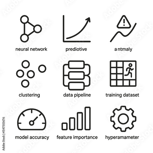 AI Fitness Icons. Outline icon set of AI and ML fitness algorithms: neural network node, predictive curve, anomaly detector,