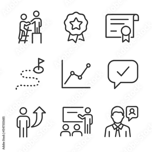 Career Pathway Icons. Outline icon set of career development pathways: mentorship ladder, skill badge, certification diploma, goal