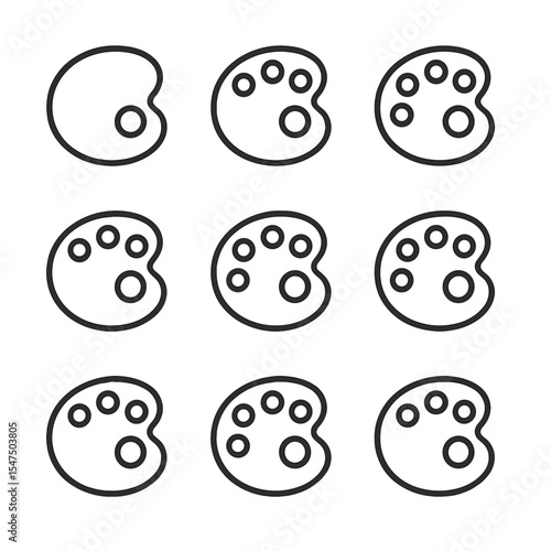 Color Palette Icons. Outline line icon set of color palette options: pastel pink, neon green, metallic gold, deep purple, electric