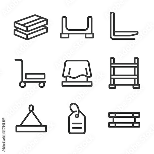 Beam Storage Icons. Outline icon set of beam storage and handling: lumber stack, beam cradle, forklift fork, dolly cart,