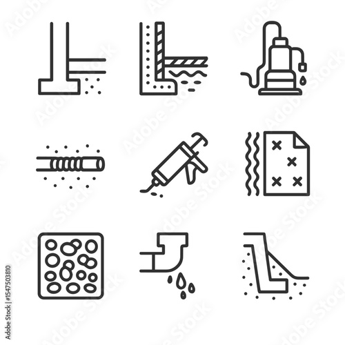 Basement Waterproofing Icons. Outline icon set of basement waterproofing: foundation, waterproof membrane, sump pump, drainage,