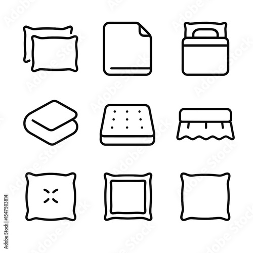 Bedding Icon Set. Outline icon set of pillow and bedding combos: pillowcase pair, fitted sheet, duvet cover, blanket fold,
