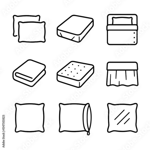 Bedding Icon Set. Outline icon set of pillow and bedding combos: pillowcase pair, fitted sheet, duvet cover, blanket fold,