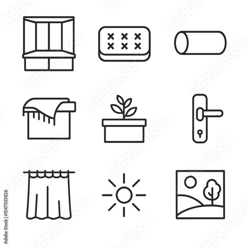 Bay Window Bench Icons. Outline icon set of bay window benches: built-in bench, tufted cushion, bolster pillow, decorative throw,