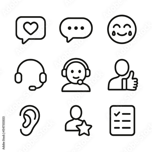 Compassionate Chatbot Icons. Outline icon set of compassionate chatbot interactions: chat bubble with heart, typing indicator,