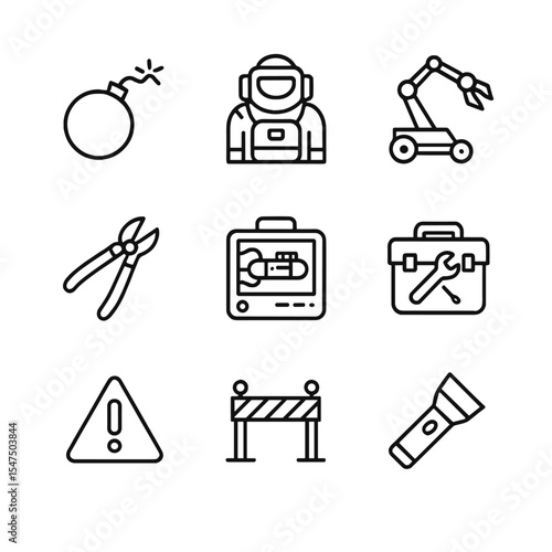 Bomb Disposal Icon Set. Outline icon set of bomb disposal task: bomb icon, bomb suit, robot arm, wire cutters, X-ray scanner,