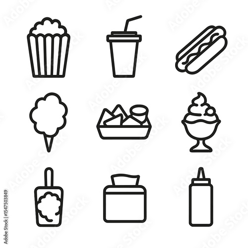 Concession Stand Icons. Outline icon set of concession stand items: popcorn bag, soda cup, hot dog, cotton candy cone, nachos tray