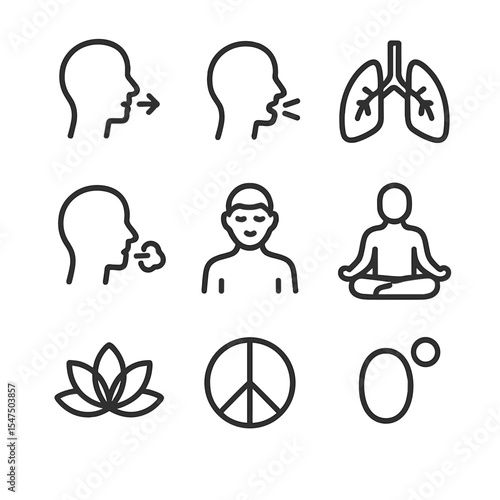 Breathing Icon Set. Outline icon set of relaxation breathing: inhale, exhale, lungs, breath, calm, meditation, mindfulness, peace,