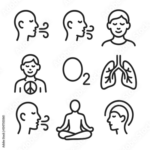 Breath Icon Set. Outline icon set of breathing for stress relief: inhale, exhale, calm, peace, oxygen, lungs, breath, relaxation,