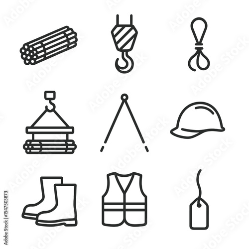 Construction Icon Set. Outline icon set of rebar bundle hoisting: rebar bundle, crane hook, wire ties, lifting beam, guide ropes,