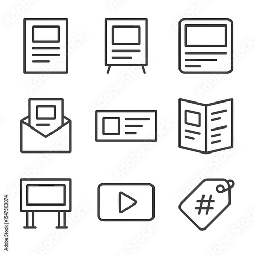 Campaign Icon Set. Outline icon set of campaign marketing materials: flyer design, poster stand, social media post, email