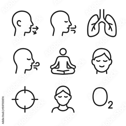 Breathing Icon Set. Outline icon set of relaxation breathing: inhale, exhale, lungs, breath, calm, meditation, mindfulness, peace,