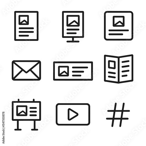 Campaign Icon Set. Outline icon set of campaign marketing materials: flyer design, poster stand, social media post, email