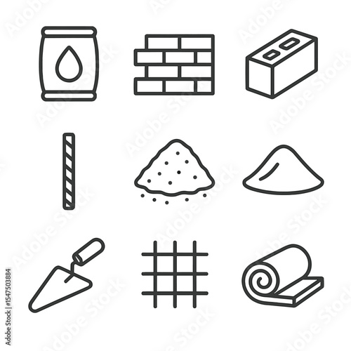 Construction Icon Set. Outline icon set of construction materials: cement bag, brick wall, concrete block, steel rebar, gravel