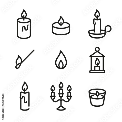 Candlelight Icon Set. Outline icon set of candlelight ambiance: pillar candle, tea light, candle holder, matchstick, wax drip,