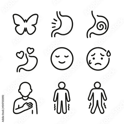 Butterflies Icon Set. Outline icon set of Butterflies in stomach: butterfly silhouette, fluttering lines, stomach outline, dizzy