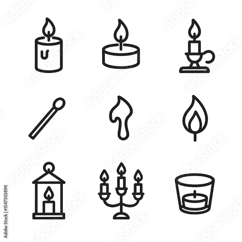 Candlelight Icon Set. Outline icon set of candlelight ambiance: pillar candle, tea light, candle holder, matchstick, wax drip,