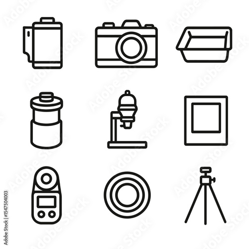 Analog Photography Icons. Outline icon set of analog photography: film roll, vintage camera, darkroom tray, developing tank,