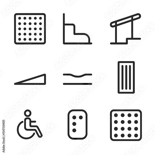 Accessible Sidewalk Icons. Outline icon set of accessible sidewalk features: tactile paving, curb cut, handrail, ramp slope,