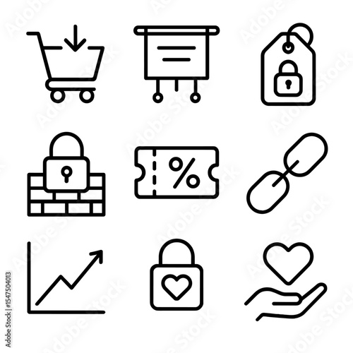 App Monetization Icons. Outline icon set of app monetization strategies: in-app purchase cart, ad banner, subscription tag,