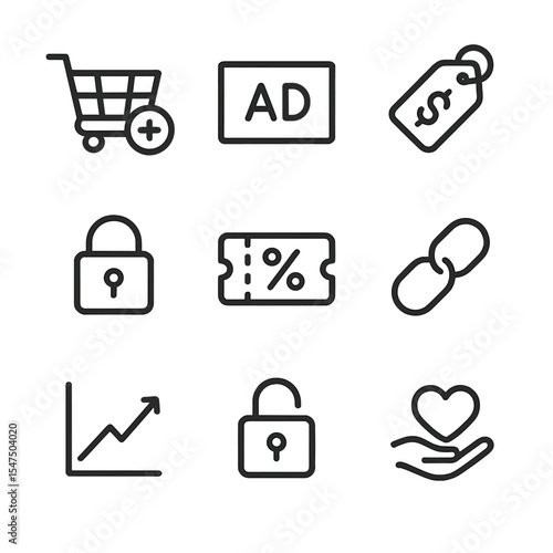 App Monetization Icons. Outline icon set of app monetization strategies: in-app purchase cart, ad banner, subscription tag,