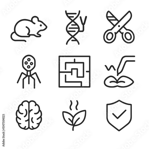 Animal Research Icons. Outline icon set of animal models in genetic brain research: lab mouse silhouette, transgenic marker,