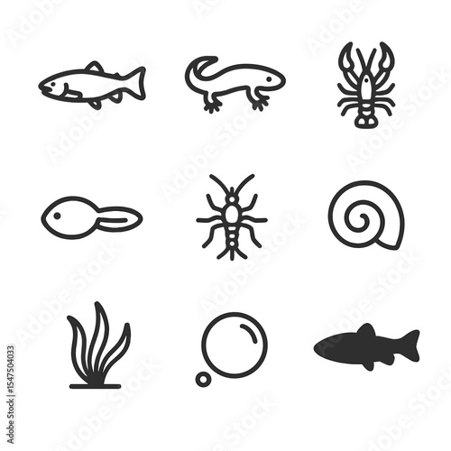 Aquatic Fauna Icons. Outline icon set of aquatic fauna in clear water: trout silhouette, salamander, crayfish, mayfly nymph,