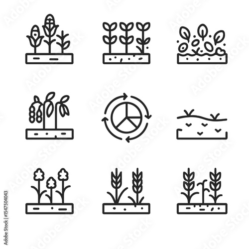Crop Rotation Icons. icon set of crop rotation practices: corn plot, bean patch, cover crop, pigeon pea bed, green manure,