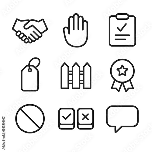 Consent Icon Set. Outline icon set of consent and boundary setting: handshake agreement, stop hand, consent form, safe word tag,