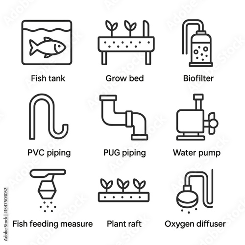 Aquaponics Icons Set. Outline icon set of aquaponics systems: fish tank, grow bed, biofilter, water siphon, PVC piping, water pump