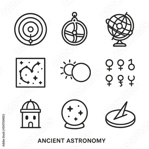 Ancient Astronomy Icons. Outline icon set of ancient astronomy: geocentric model, astrolabe, armillary sphere, star chart, eclipse
