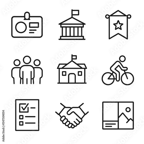 Community Partnership Icons. Outline icon set of community and partnerships: corporate sponsor logo, city council building, event