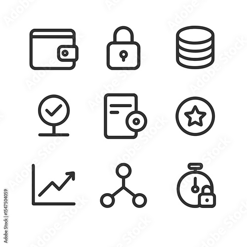 Cryptocurrency Staking Icons. Outline icon set of cryptocurrency staking: digital wallet, lock icon, coin stack, validator node,