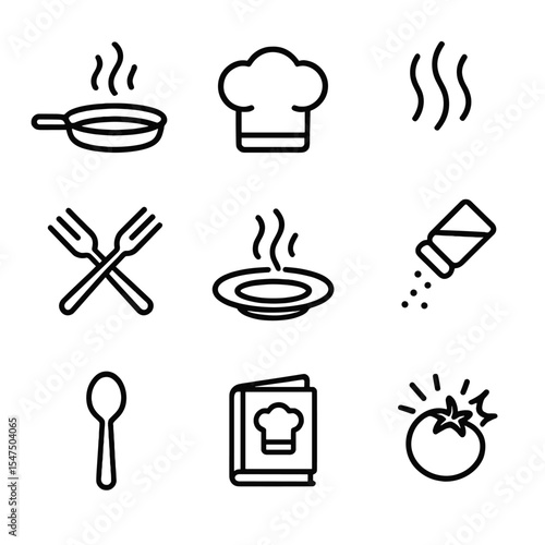Culinary Icon Set. Outline icon set of culinary excitement: sizzling pan, chef’s hat, steam rising, fork and knife crossed, plate