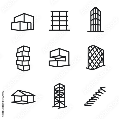 Architectural Icon Set. Outline icon set of modern architectural styles: minimalist building, concrete slab structure, glass