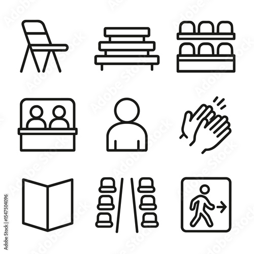 Audience Icon Set. Outline icon set of audience and seating: folding chair, bleacher bench, grandstand, VIP box, spectator