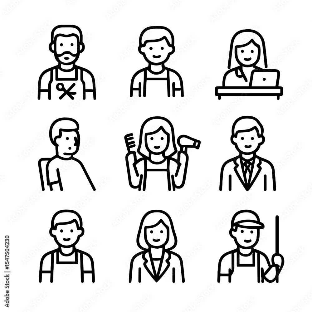 Barber Role Icons. Outline icon set of barber roles and people: barber, apprentice, receptionist, customer, stylist, manager, Barber Role Icons. Outline icon set of barber roles and people: barber, apprentice, receptionist, customer, stylist, manager,