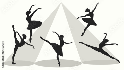 Graceful elegant ballet dancers silhouettes performing art dance on stage under theatrical spotlights