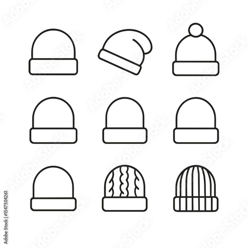 Beanie Icon Collection. Outline icon set of Types of beanies: cuffed beanie, slouchy beanie, pompom beanie, fisherman’s beanie,