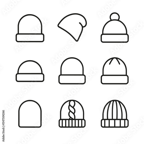 Beanie Icon Collection. Outline icon set of Types of beanies: cuffed beanie, slouchy beanie, pompom beanie, fisherman’s beanie,